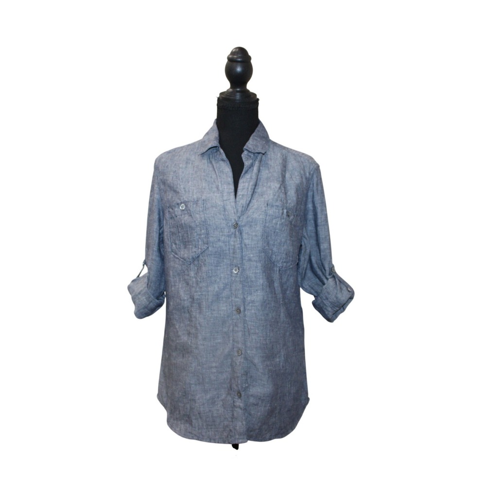 Tommy Bahama 100% Linen Shirt Womens XS Blue Excellent Roll Tab Sleeve Button Up